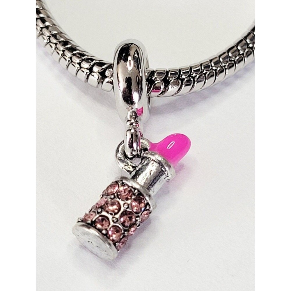 NWT! For Pandora Charm Bracelet Hot Pink Lipstick Case Dangle Charm Rhinestones
